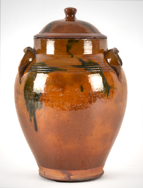 Antique Redware Jar, Domed Lid, Decorated with Manganese Daubs
Norwalk, Connecticut or Huntington, Long Island, New York
First Half of 19th Century, entire view 1